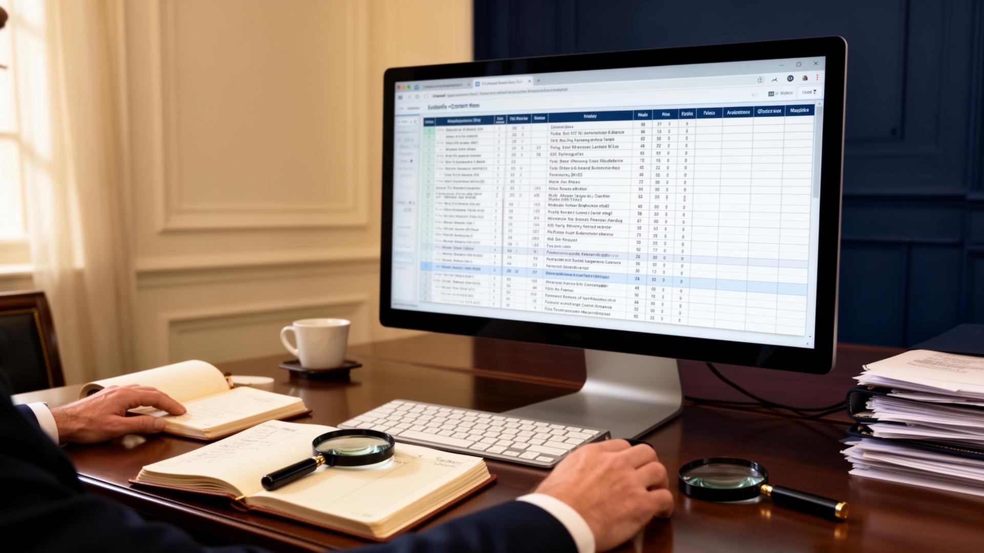 Security Audit — auditor reviewing a control matrix and evidence files, MAST Consulting Group