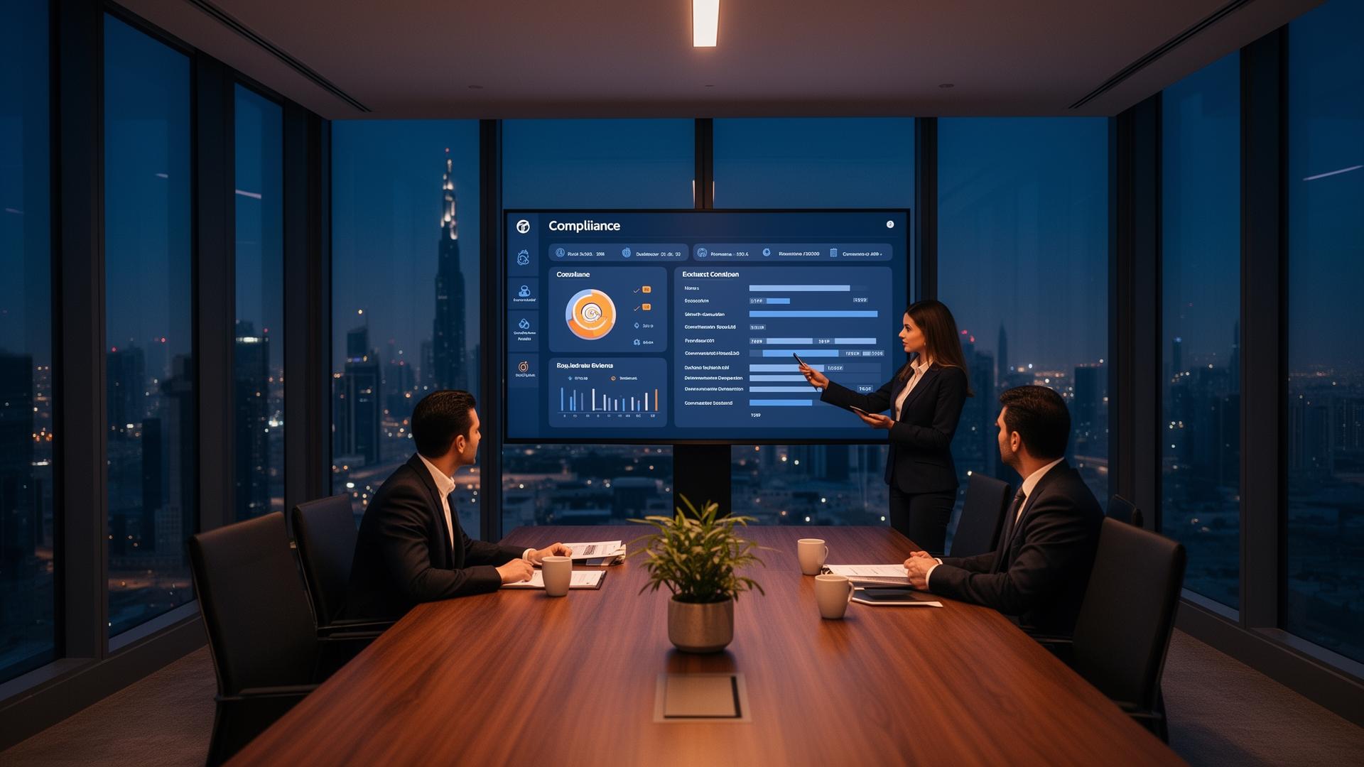 MAST Consulting analysts reviewing a compliance dashboard in a Dubai boardroom at dusk